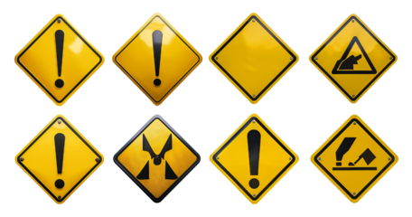Warning Signs Collection in Bright Yellow Color for Safety, isolated on transparent background