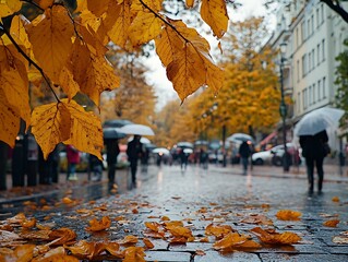 Rainy autumn city street, people walking (1)