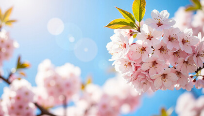 Fototapeta premium Blossoming cherry flowers against blue sky, springtime beauty