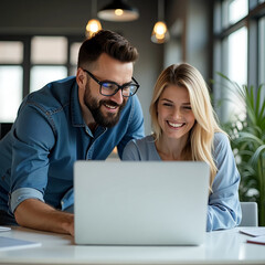 Smiling Colleagues Collaborating on a Project in a Corporate Startup Environment