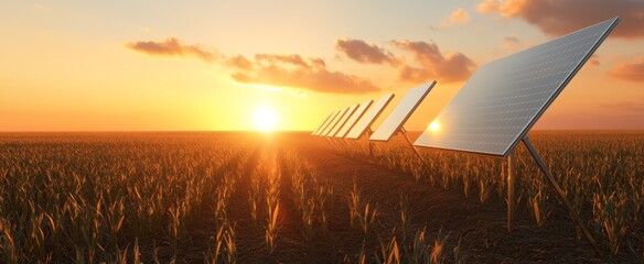 Solar panels at sunset in a vast open field for renewable energy visualization