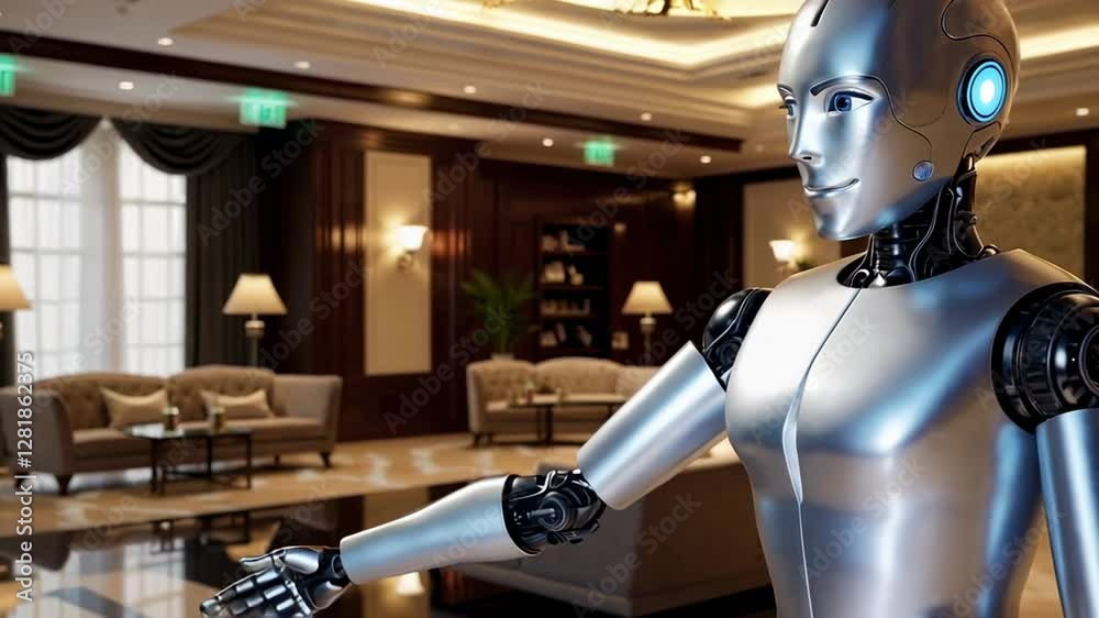 Poster sleek humanoid robot extending mechanical arm in welcoming pose, standing within opulent hotel lobby