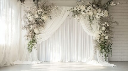 Elegant Floral Garland Decorating a Bright White Fabric Wedding Backdrop