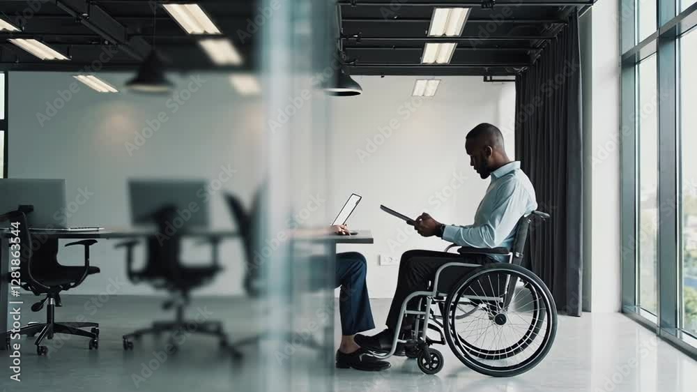 Poster professional black businessman working productively on digital tablet while navigating workplace in 