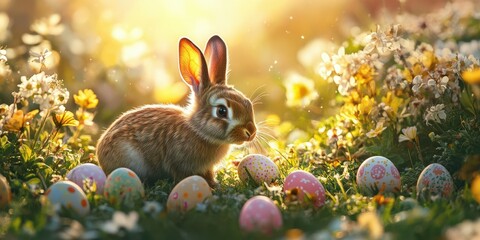 Cute bunny sitting among colorful Easter eggs in a blooming flower garden during sunset