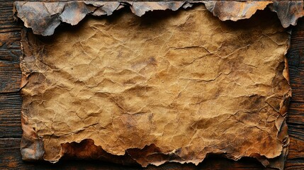 Aged parchment paper displays charred edges on a wooden background