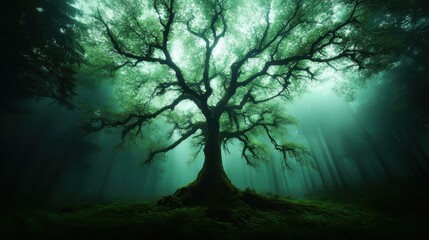 A hauntingly beautiful tree stands amidst a shroud of mist in an enchanting forest, evoking feelings of solitude and wonder in a serene environment.