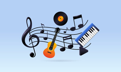 Creative Musical Treble Clef Collage with Guitar, Piano, Play, and Clef Collage Elements. Design Concept for Music Banner, Background, Wallpaper, Poster.
