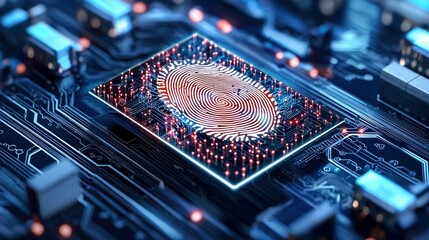 Fingerprint on glowing circuit board embodies the fusion of security and advanced technology