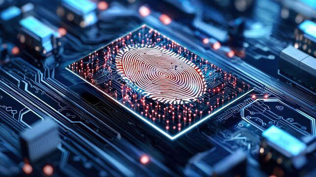 Fingerprint on glowing circuit board embodies the fusion of security and advanced technology