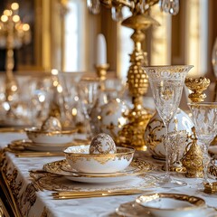 Fototapeta premium Elegant Dining Table Setting with Fine China and Crystal Decor