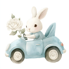 A cute rabbit driving a light blue real white rose, with minimal details and a simple illustration. The colors have a vintage feel simple watercolor children's illustration, with a muted pastel color
