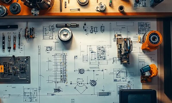 Industrial engineering blueprints on workbench, mechanical technical drawings with precision tools, architectural schematic for machine design