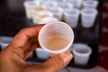 Traditional pulque drink. Tourist guide showing the importance of the agave plant for the antique cultures to a group of tourists at the Teotihuacan archaeological site.