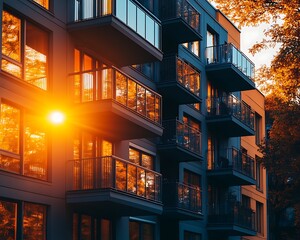 Autumn sunset, apartment building, city