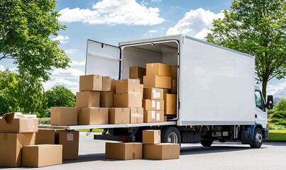 Cargo truck ready for delivery with assorted boxes stacked and organized on a sunny day