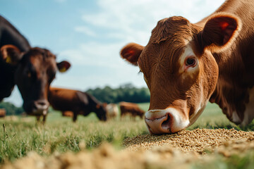  Cows are seen in a natural outdoor environment or within a farm setting. The animals are depicted in various poses and locations. The scene represents agricultural or rural life.
