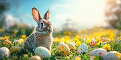 Fototapeta premium Bunny sitting among colorful Easter eggs and vibrant flowers in a sunny meadow