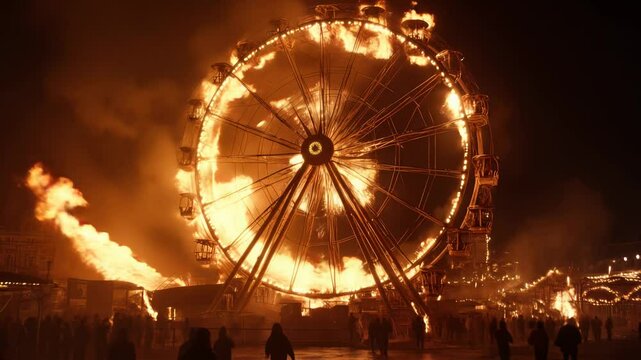 A dramatic scene of a Ferris wheel engulfed in flames during the night, with silhouettes of people watching in the foreground.