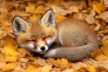 Fototapeta premium Fox curled up peacefully among vibrant autumn leaves in a forest setting, showcasing nature's tranquility