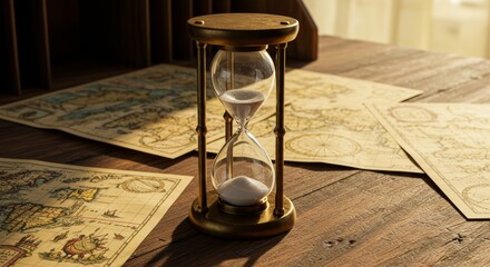 Timeless Journey Hourglass on Ancient Desk Beside Historic World Maps