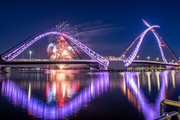 Matagarup bridge with fireworks, Perth Western Australia long exposure