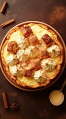 Delicious creamy dessert with fluffy toppings served on a rustic plate