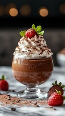Delightful chocolate mousse dessert topped with whipped cream, fresh berries, and mint in an elegant glass