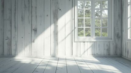 Sunlit interior with textured grey and white wooden panel walls and windows