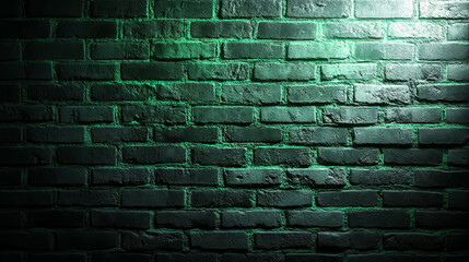 Grey brick wall with green neon glow for urban design and backgrounds