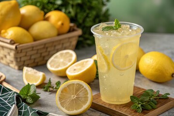 Refreshing iced lemonade in a plastic cup with lemon slices and mint, surrounded by fresh lemons on a rustic table. A perfect summer drink full of citrus flavor