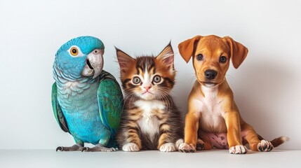 Fototapeta premium Colorful parrot, playful kitten, and adorable puppy sitting together, showcasing friendship among pets, animal companionship concept