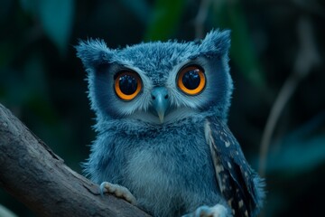 Striking blue owl with large orange eyes perched on a branch in a lush forest setting during twilight