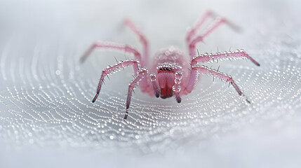 Pink spider on dewy web, macro close-up, nature background, wildlife photography