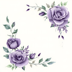 purple roses Corner frame of watercolor, with minimal details and a simple illustration. Floristic design elements for floristics, Greeting card, Floral print, Plant painted background, Watercolor.