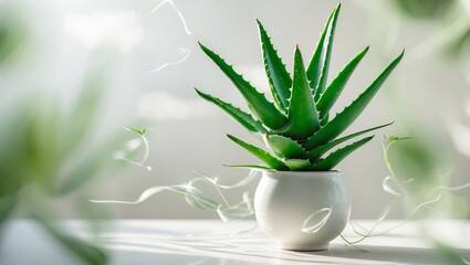 Fototapeta premium Aloe vera plant in a bright indoor setting with soft natural light streaming through the window