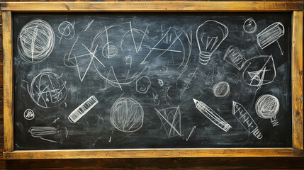 Creative blackboard with chalk drawings and erased marks for education and design