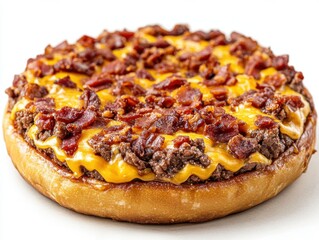 Delicious open faced burger with melted cheddar cheese and crispy bacon on a toasted bun close up shot