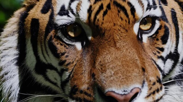 Close-up of a majestic tiger's face with striking orange and black stripes, intense expression in lush greenery. Wildlife and conservation concept
