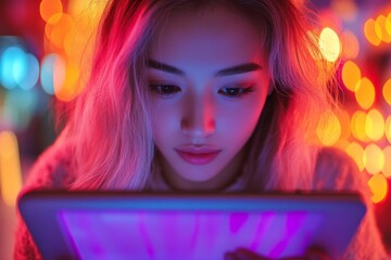 Young woman engaged with tablet in vibrant, colorful setting during evening hours