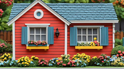 Red cottage garden, spring flowers, suburban home, idyllic scene, real estate