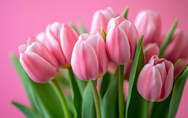 Fototapeta premium Blush of Spring: A bouquet of pink tulips elegantly arranged against a pastel pink background, radiating warmth and joy