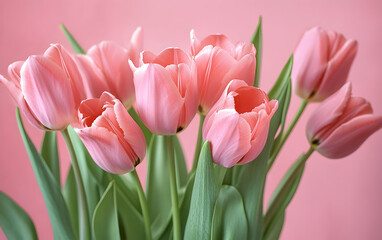 Fototapeta premium Blush of Spring: A bouquet of pink tulips elegantly arranged against a pastel pink background, radiating warmth and joy