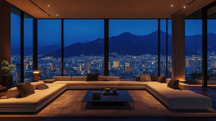 Fototapeta premium A large living room with floor-to-ceiling windows overlooking the city, a minimalist-style sofa and coffee table in front of it, a warm lighting atmosphere