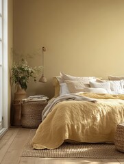 A golden colored bedroom with various textures and warm lighting
