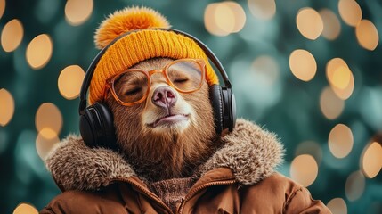 A wonderfully styled bear adorned with bright glasses and headphones, exuding a hipster vibe while comfortably seated in a beautifully blurred winter landscape.