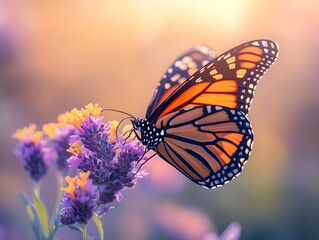 Obraz premium Close-Up of Monarch Butterfly on Wildflower in Spring Garden – Generative AI