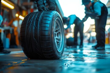 Detailed view of a racing tire being handled by pit crew during a motorsport event at a racetrack