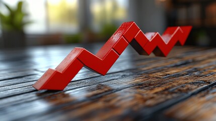Red zigzag graph on a wooden table with a blurred background of greenery and soft lighting