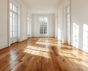Obraz premium Empty White Room, Sunlight on Wood Floor